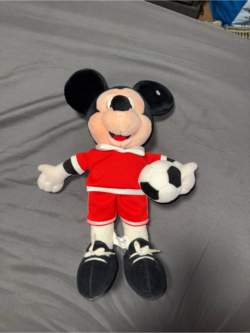 Paris Disney Mickey Mouse Plush in Red Outfit with Soccer Ball